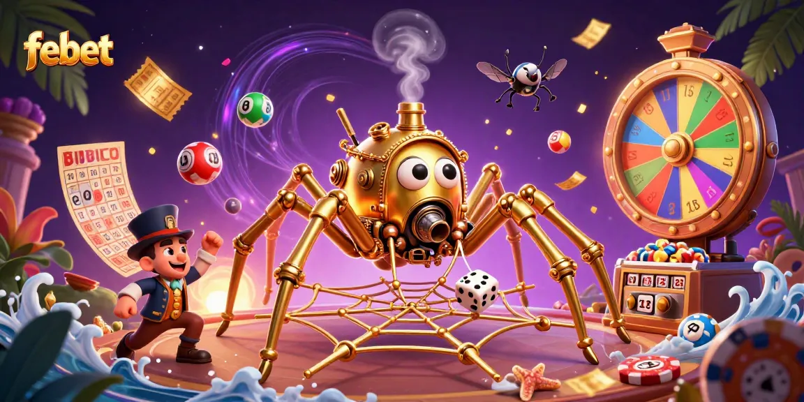 Experience thrilling gaming at Febet with vibrant illustrations of lottery balls and casino elements.
