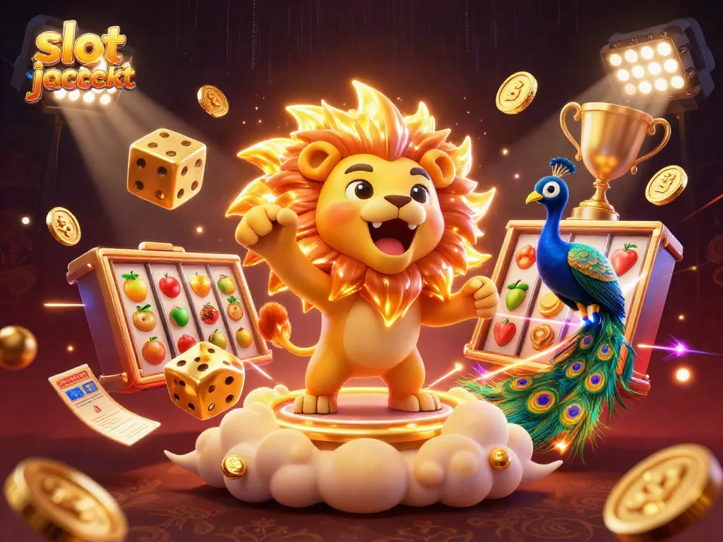 Spin to win big with slot jackpot illustration featuring a roaring sun lion and vibrant casino elements.