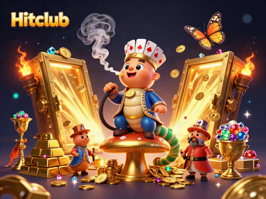 Hitclub showcases a vibrant illustration of an enormous caterpillar king enthroned with treasure, symbolizing wealth and luck.